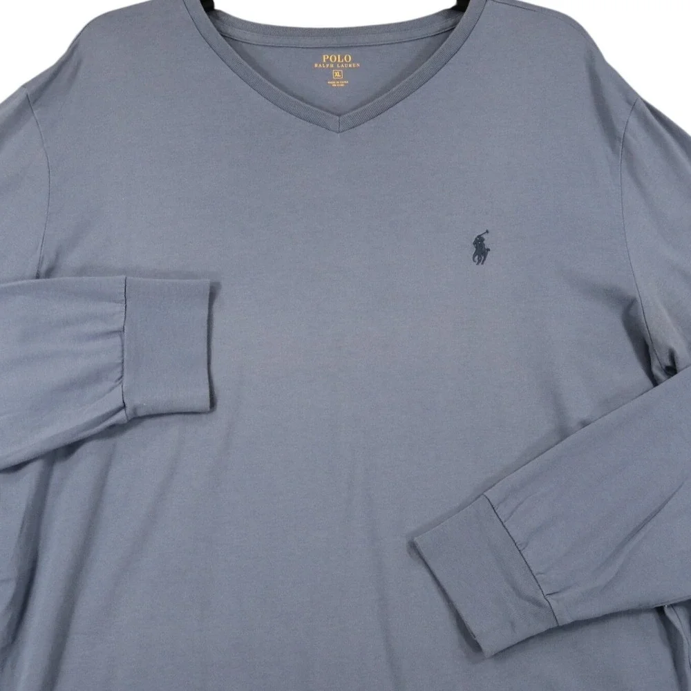 Polo Ralph Lauren V-Neck T-Shirt Mens XL Blue Long Sleeve Pony Logo Casual Wear